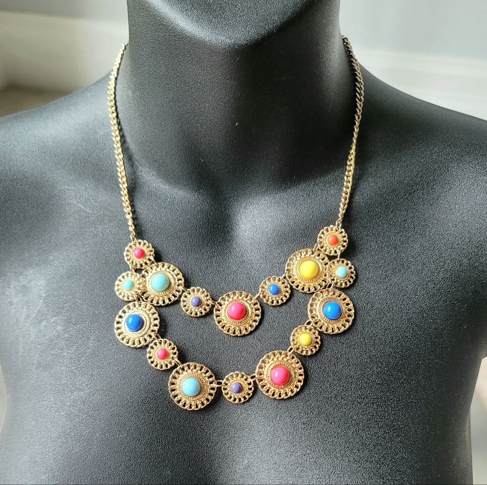 Fashion Double Multicolor Beaded Disc Pendant Necklace